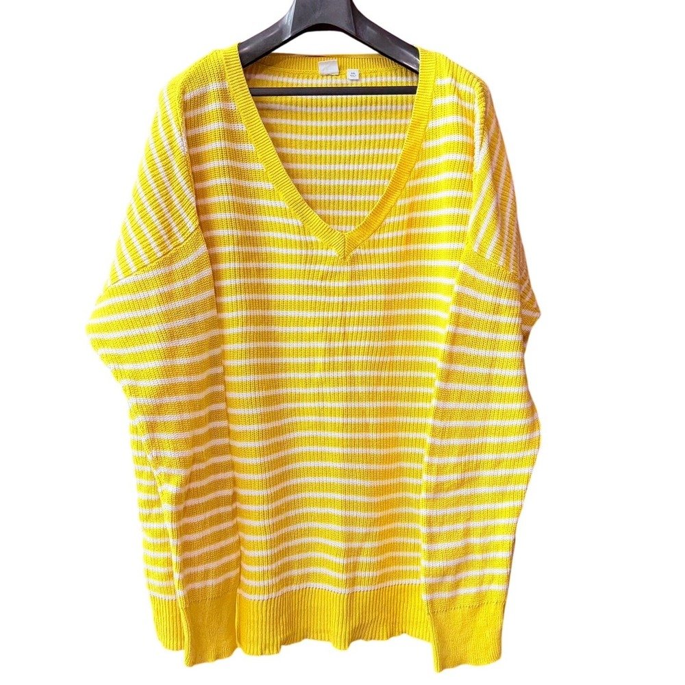 Gap V-Neck Sweater Womens XXL Butter Yellow Striped Cotton Shaker Knit 398742-09